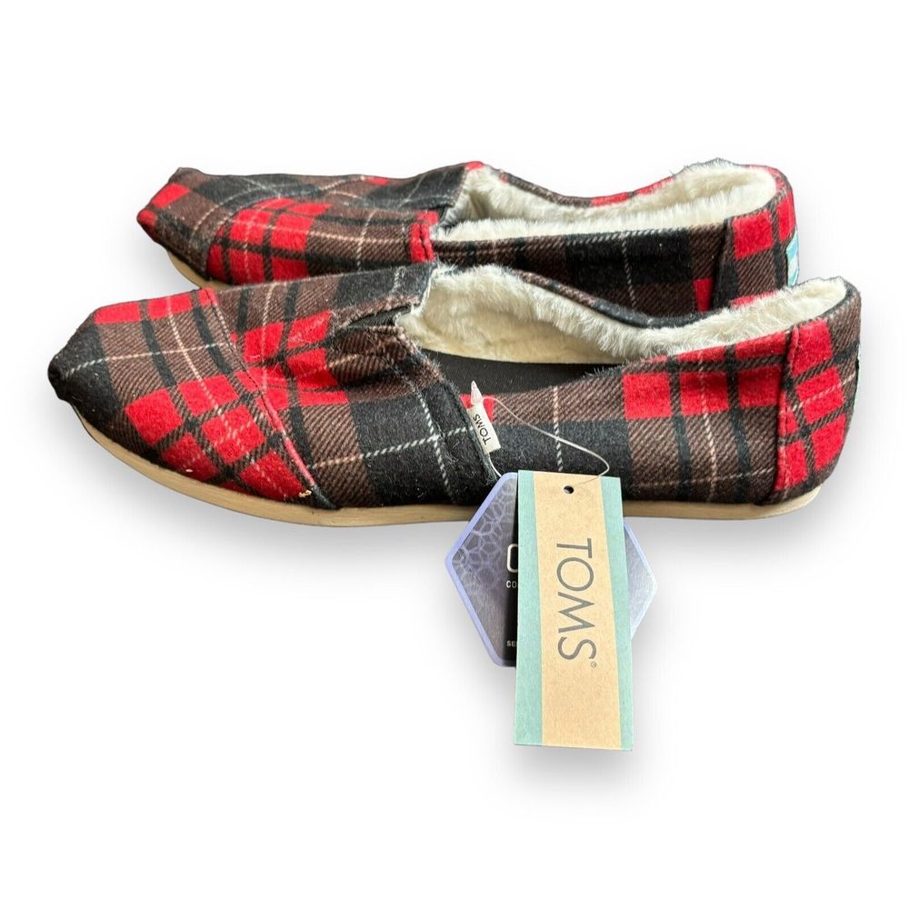 Toms Alpargata‎ Women Faux Fur Lined Red Cozy Plaid Loafers Flats Size US 7